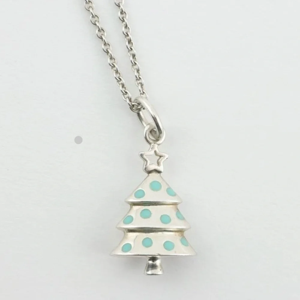 RARE Tiffany & Co Christmas Tree in Blue Enamel and Silver Pendant Necklace